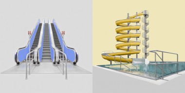 Architekturfotografie, Interieurfotografie, Architektur, Rolltreppe U-Bahn, Wasserrutsche Freibad, München