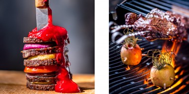 Foodfotografie, Food, Stills, Grillen, Blutwurstburger, Pumpernickel, Rehkeule, Rosmarinäpfel