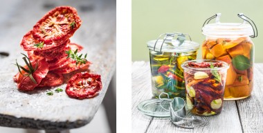 Foodfotografie, Food, Stills, Olivenöl, Kürbis eingelegt in Olivenöl, Zucchini eingelegt in Olivenöl, getrocknete Tomaten eingelegt in Olivenöl,